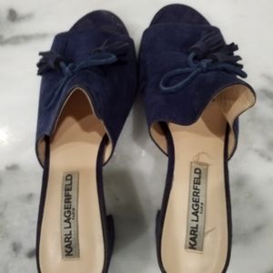 Stylish navy blue suede 2inch heel mules